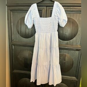 Light Blue Puff Sleeve Smocked Midi Dress